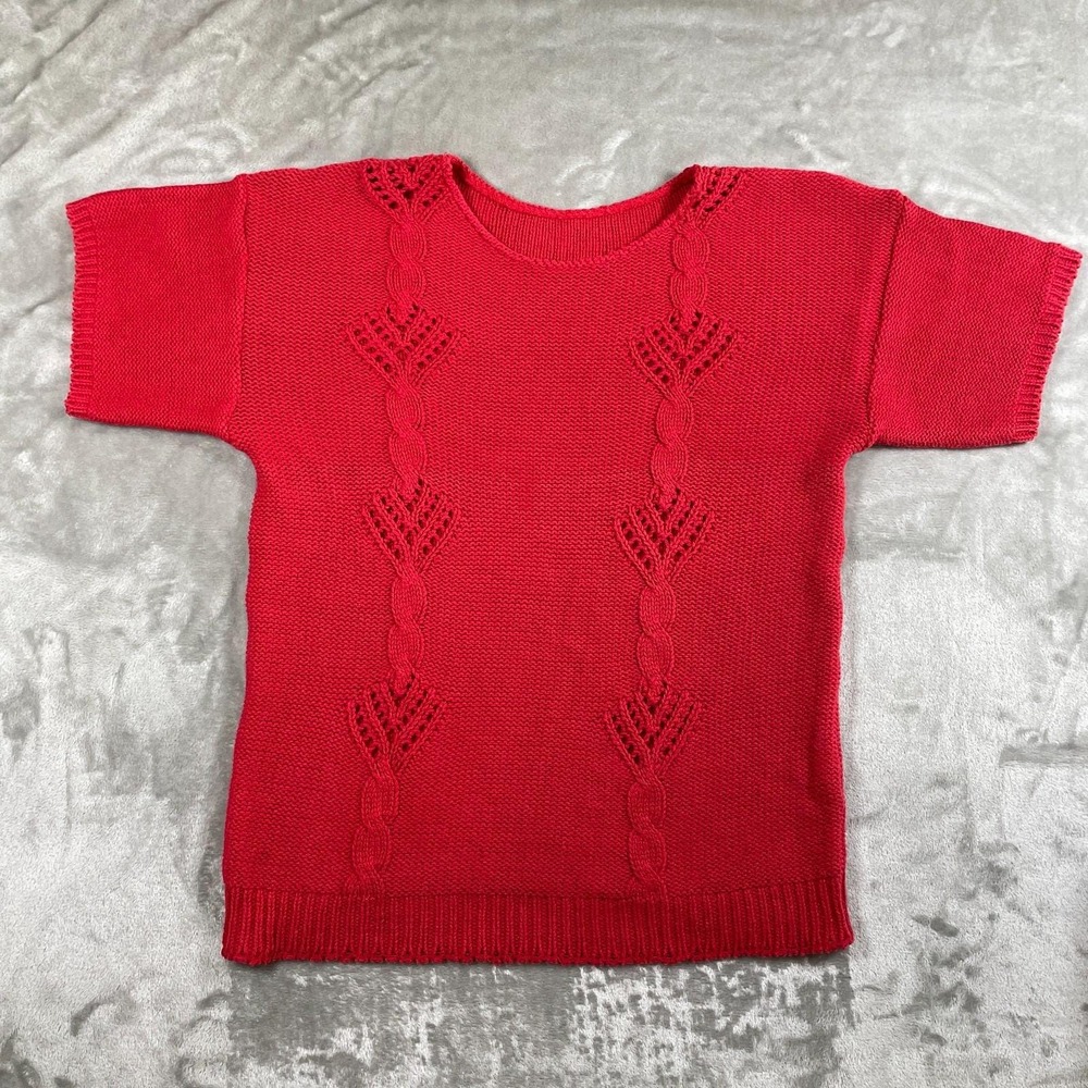 Vintage Cable Knit Sweater Womens Medium Red Short Sleeve Textured Pinup 80s 90s